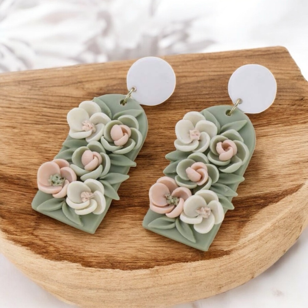 Floral Green and Pink Statement Earrings